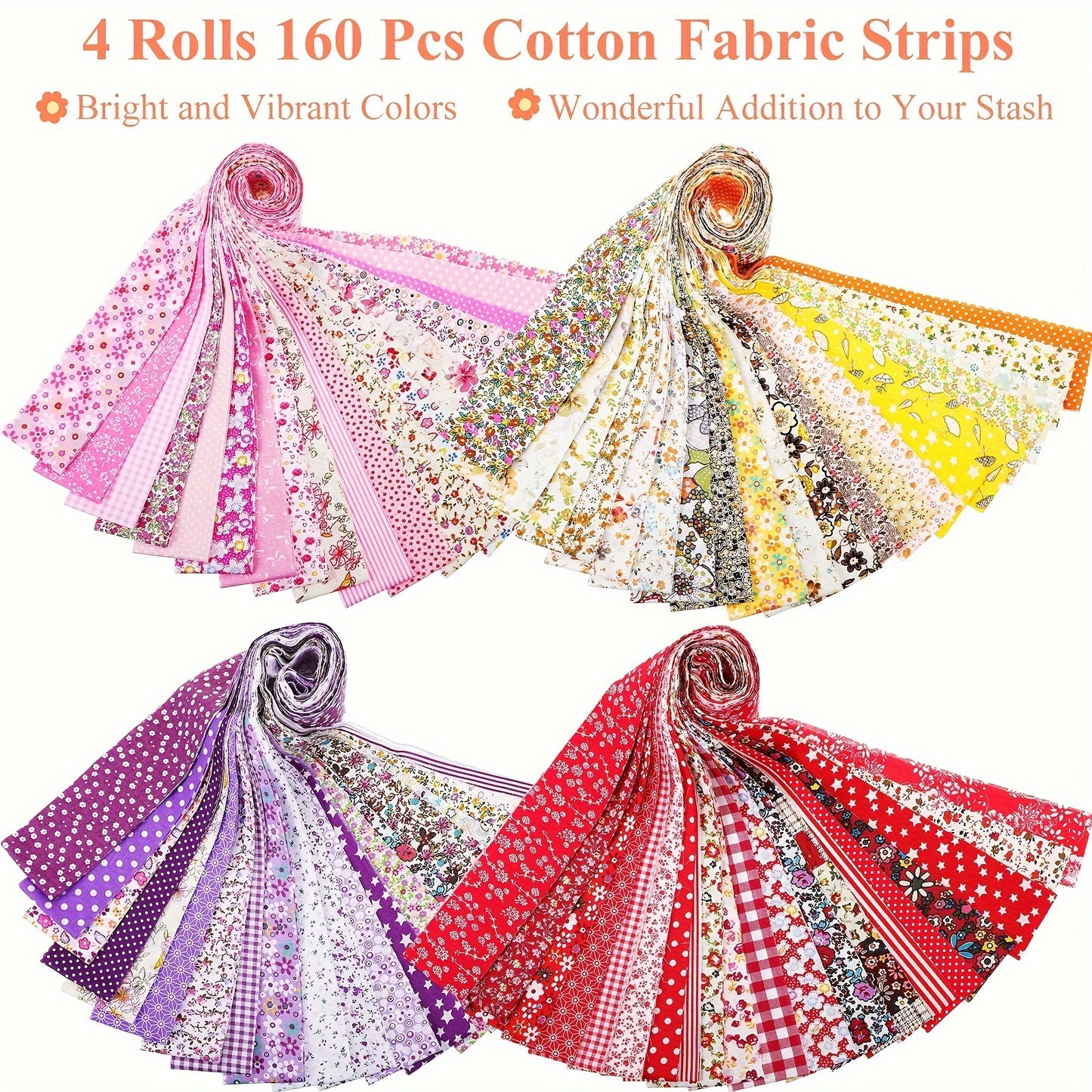Skylety 160pc Cotton Fabric Strips in 4 Rolls for Quilting