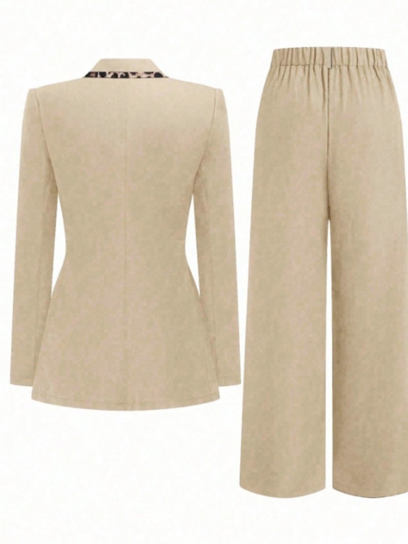 Two-Piece Beige Leopard Print Blazer And Wide Leg Pants Suit For Office To Party With Collar