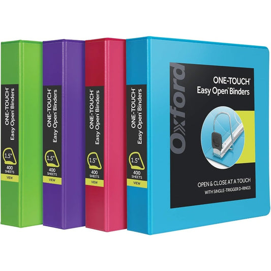 Oxford 3 Ring Binders 1. 5 inch ONETouch Easy Open D Rings Durable Binders for School and Office ClearVue Xtralife Hinge NonStick PVCFree Assorted Colors Holds 375 Sheets 4 PK 79908, Document Storage, School Binders, Clearvie