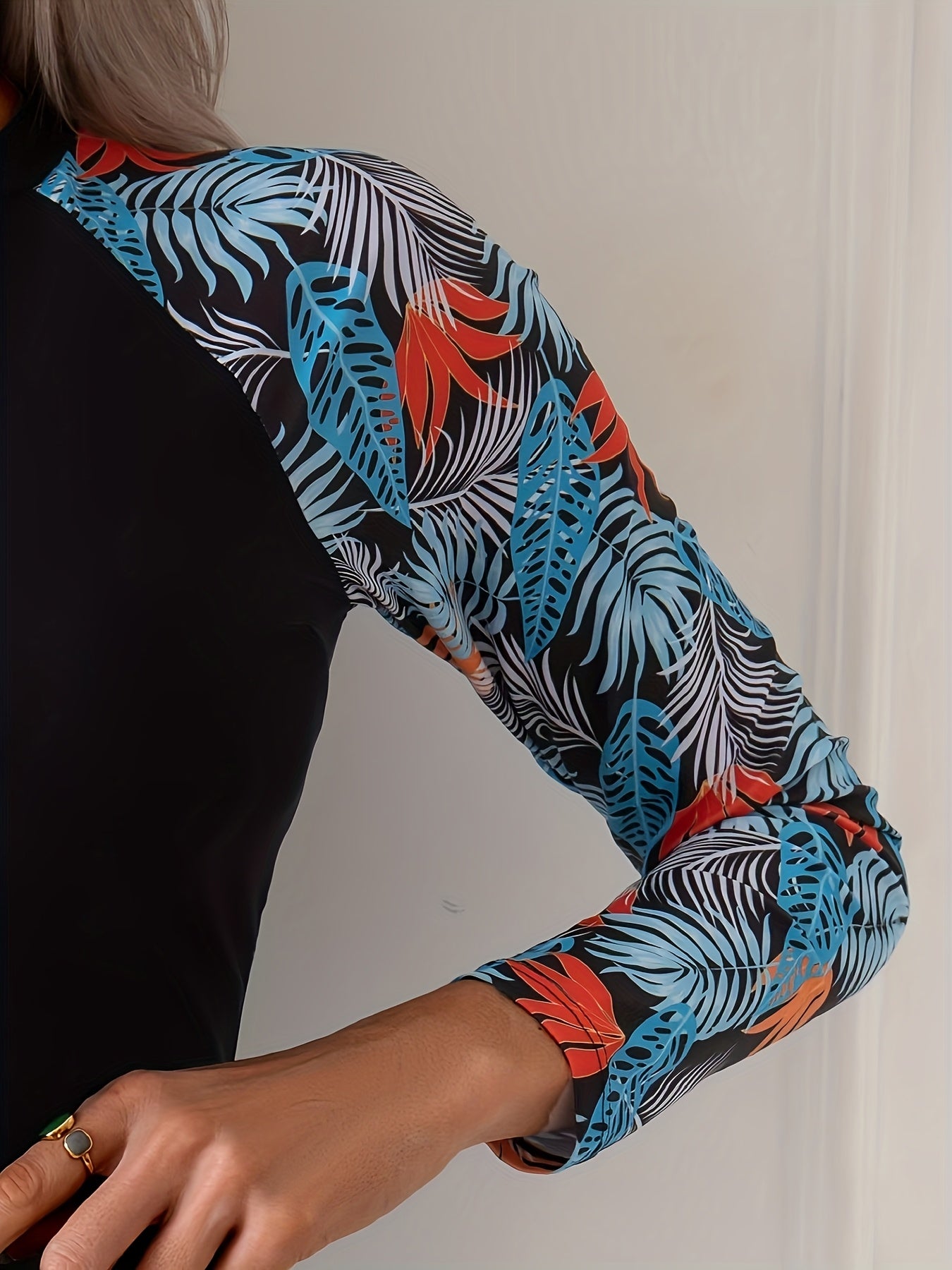 New Women'S Zipper Splicing Printed Long Sleeved Boxer Shorts Split Swimsuit