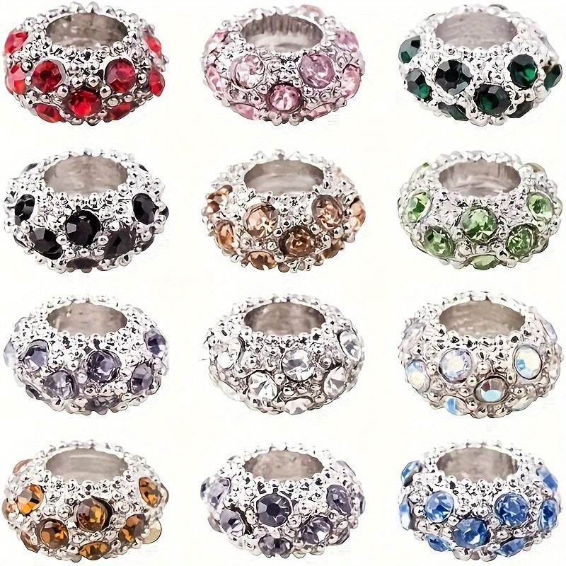 80 Pcs Alloy Space Beads with Sparkling Crystals in White and Gold 11x6mm Large Hole for DIY Jewelry Making