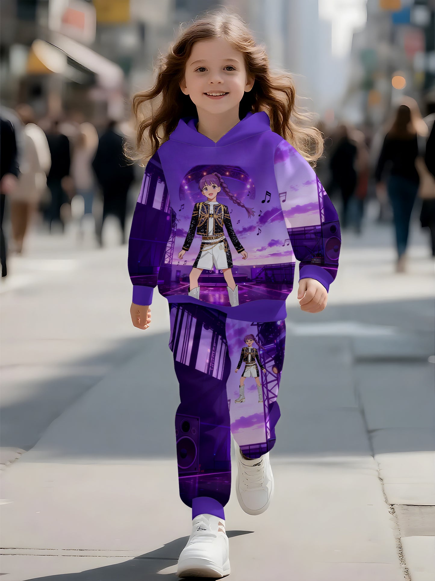Girls' Dazzling Purple Stage Style Hoodie Set, Dazzling Purple Full Printed Double Braid Girls' Music Stage Pattern Eye Catching, Light Beige Friendly and Comfortable, Hooded Warmth, Fashionable and Worry Free, Helping Girls