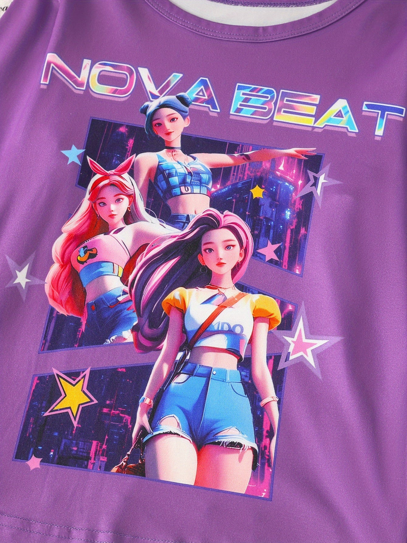 [Kpop Girls' Pajama Set] Kpop Girls' Pajama Set | Medium Stretch, Portrait Pattern, Crew Neck, Ages 8-12, All Seasons