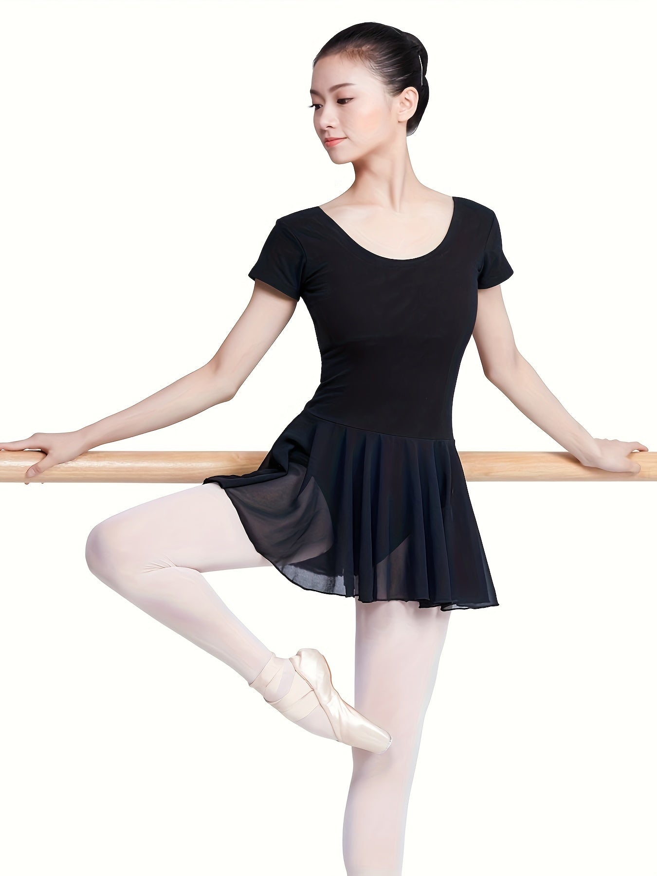 Women's Stretch Skirted Leotard - Elegant Short Sleeve Ballet Dress for Gymnastics & Dance, Round Neck, Black, High-Elasticity Fabric, Non-See-Through, Perfect for Adults