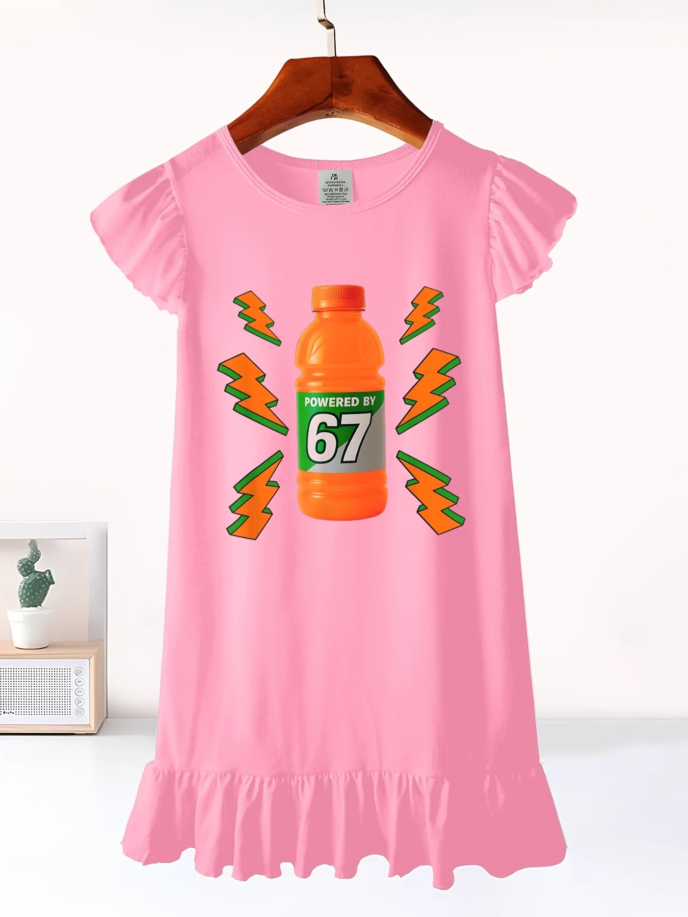 Girls Midi Cotton Dress With Flutter Sleeves Number Theme Applique Gen Alpha Logo Round Neck Machine Washable