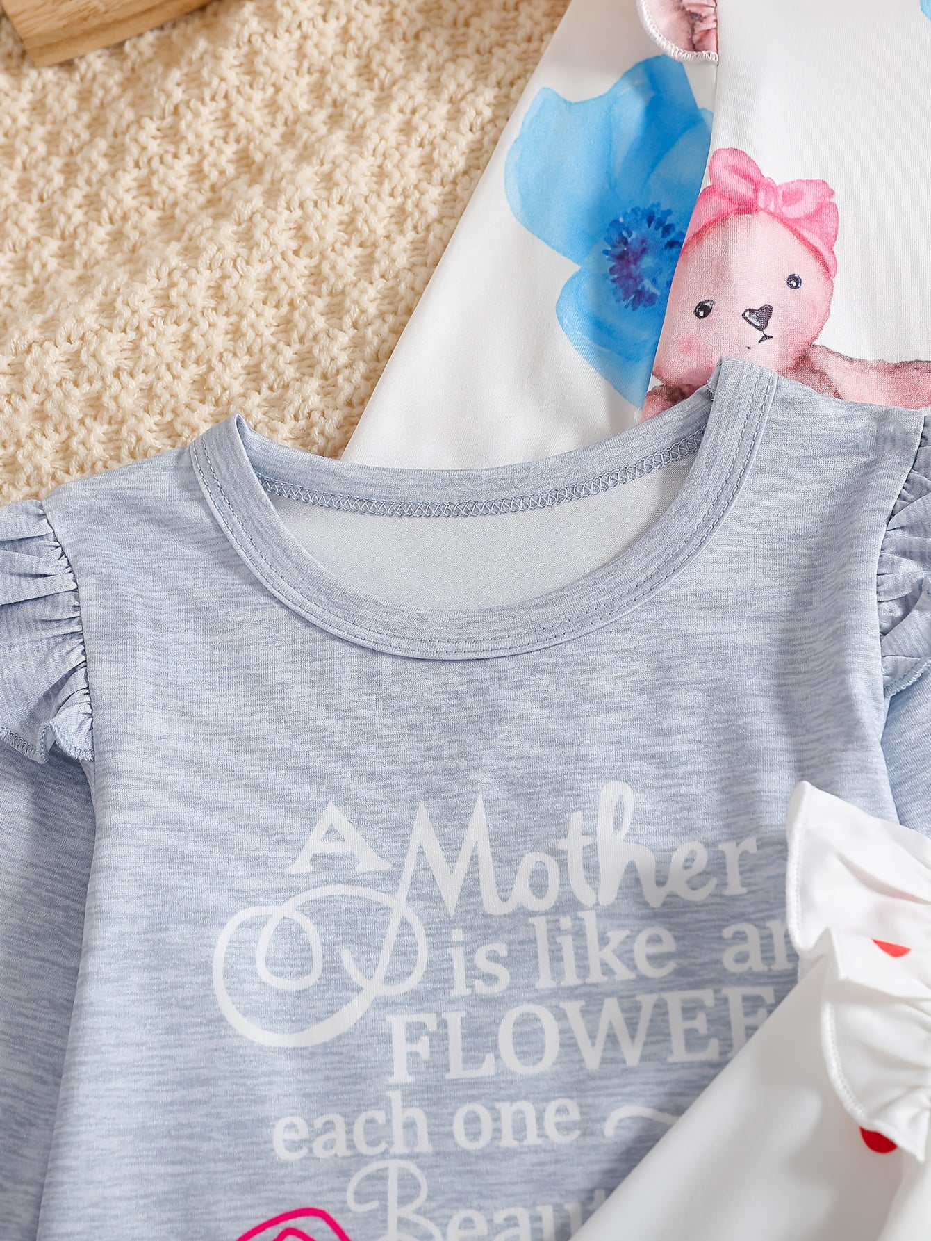 Cute Baby Girl Bear Print Jumpsuit Set With Flying Sleeves