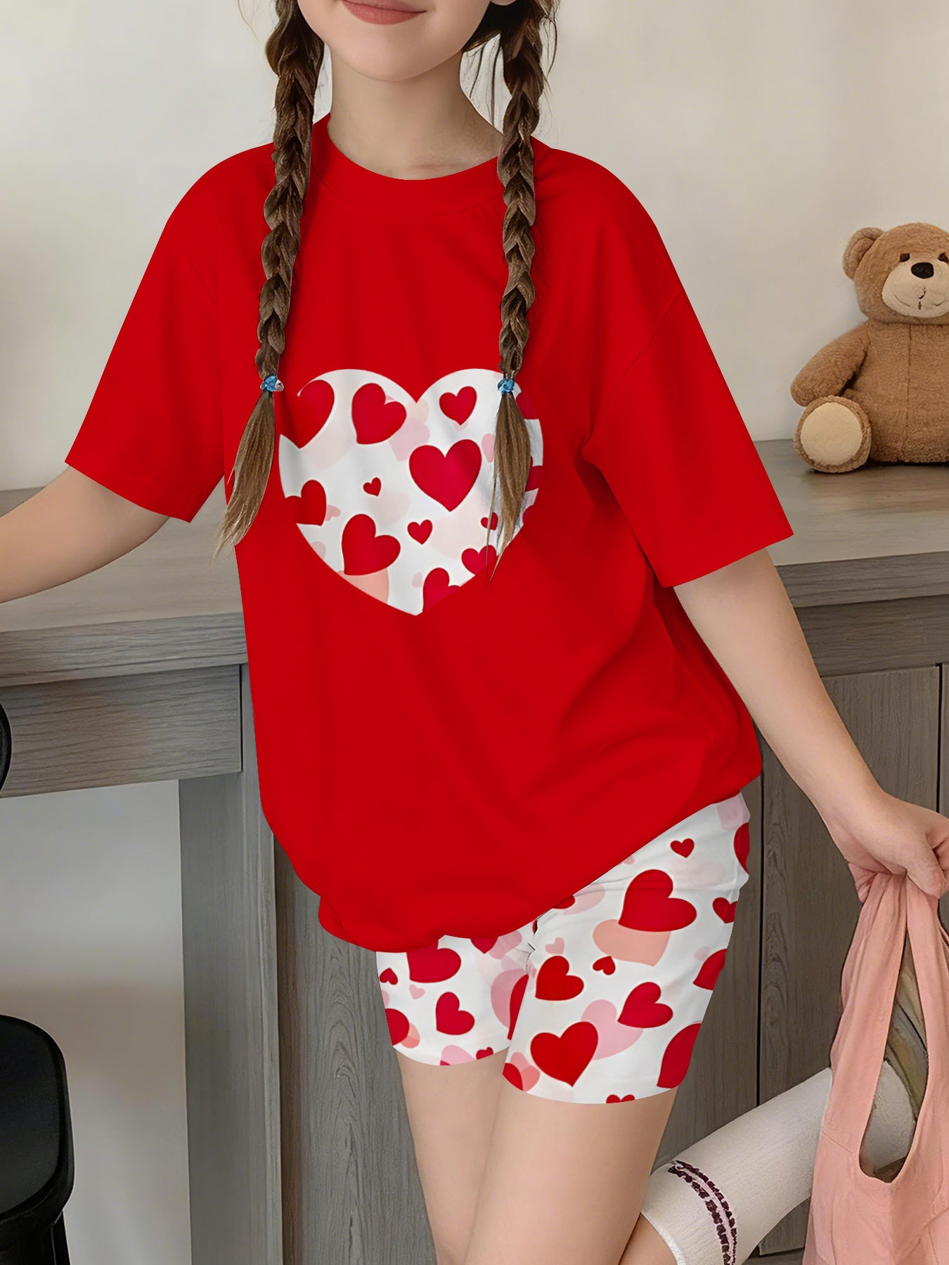 Girls Fashion Shorts Set With Heart Print For Outdoor Play