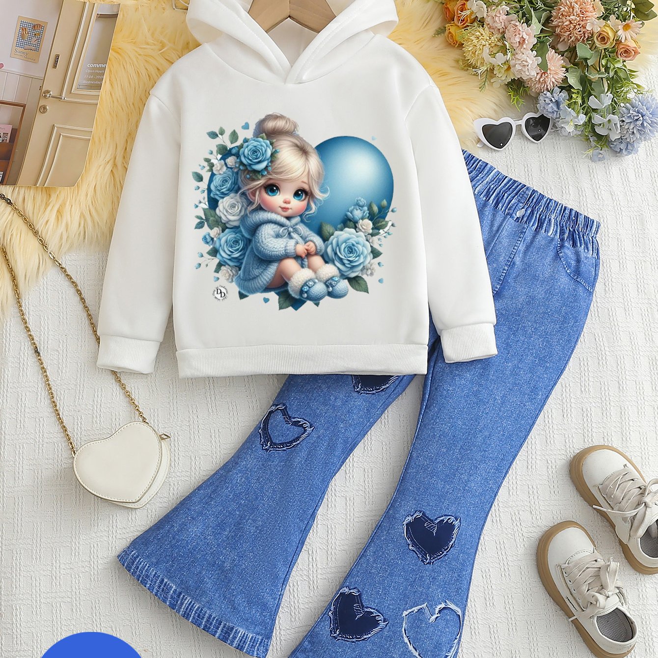 Toddler Girl Love Bear Print Hoodie Set, Autumn/ Winter, for Outdoor