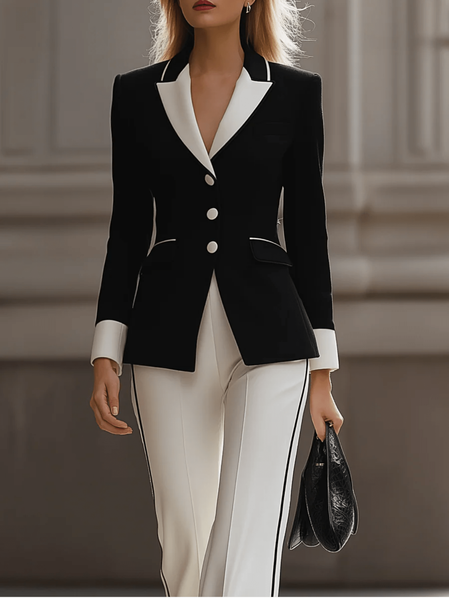 Sophisticated Black And White Suit Ensemble for Fall And Winter, Featuring a Blazer with a Contrasting Collar And Flared Pants, Ideal for Professional Gatherings.