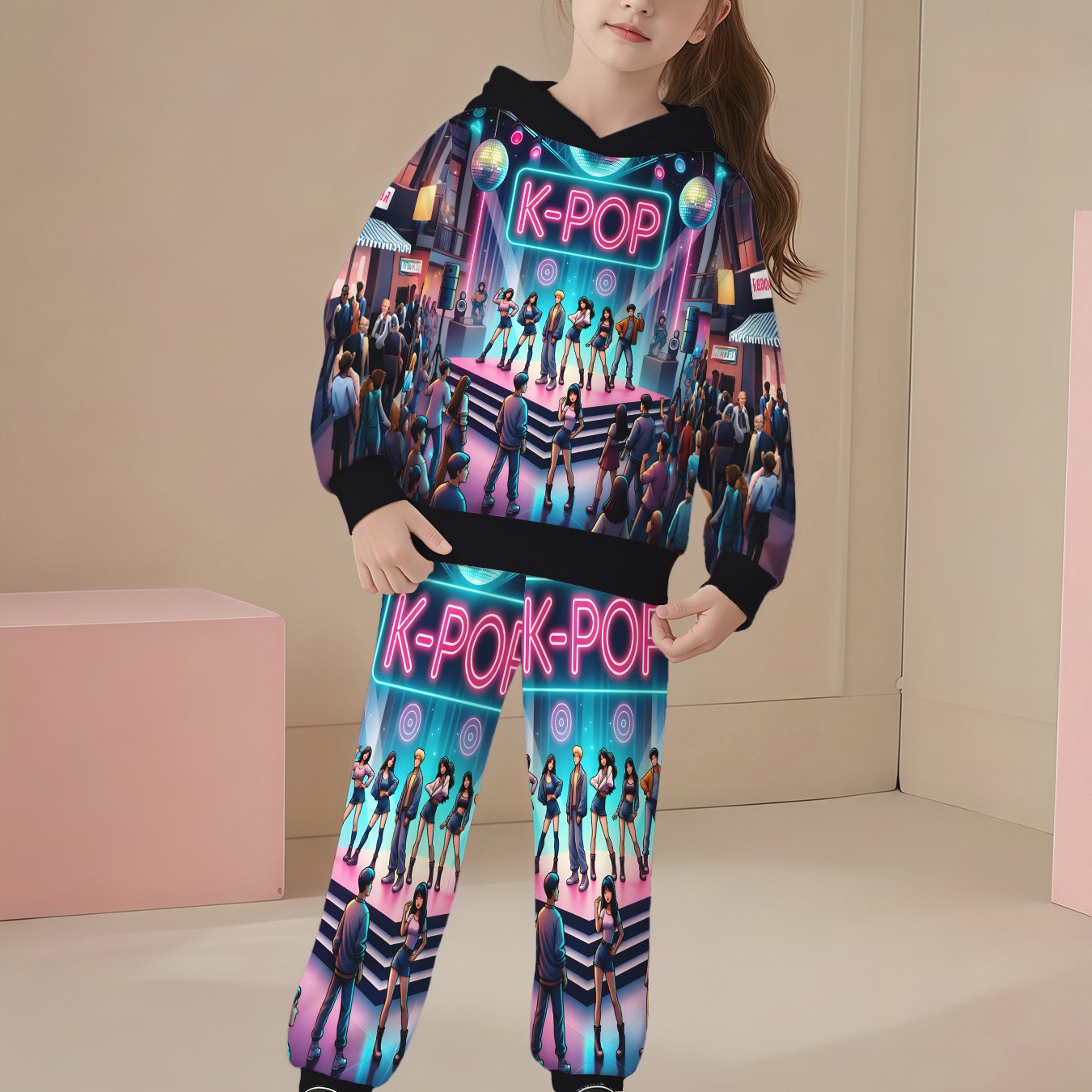 Girls 2pc K Pop Anime 3D Printed Hooded Sweater And Sweatsuit Set With Pockets Machine Washable Winter Wear