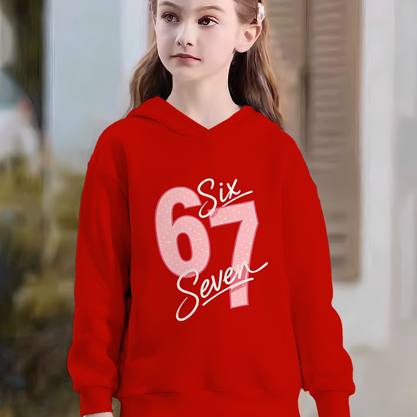 Red Base Polka Dot Number 67 Art Font Print Skin-Friendly Kids Fashion Hoodie | Casual Streetwear, All Season Suitable, Perfect Birthday Gift for Girls