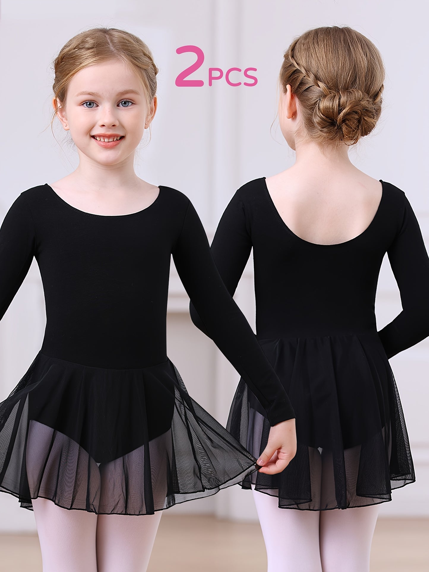 Christmas Girls 2pcs Long Sleeve Bodysuit & Tulle Skirt Set - Ballet Leotard Outfit