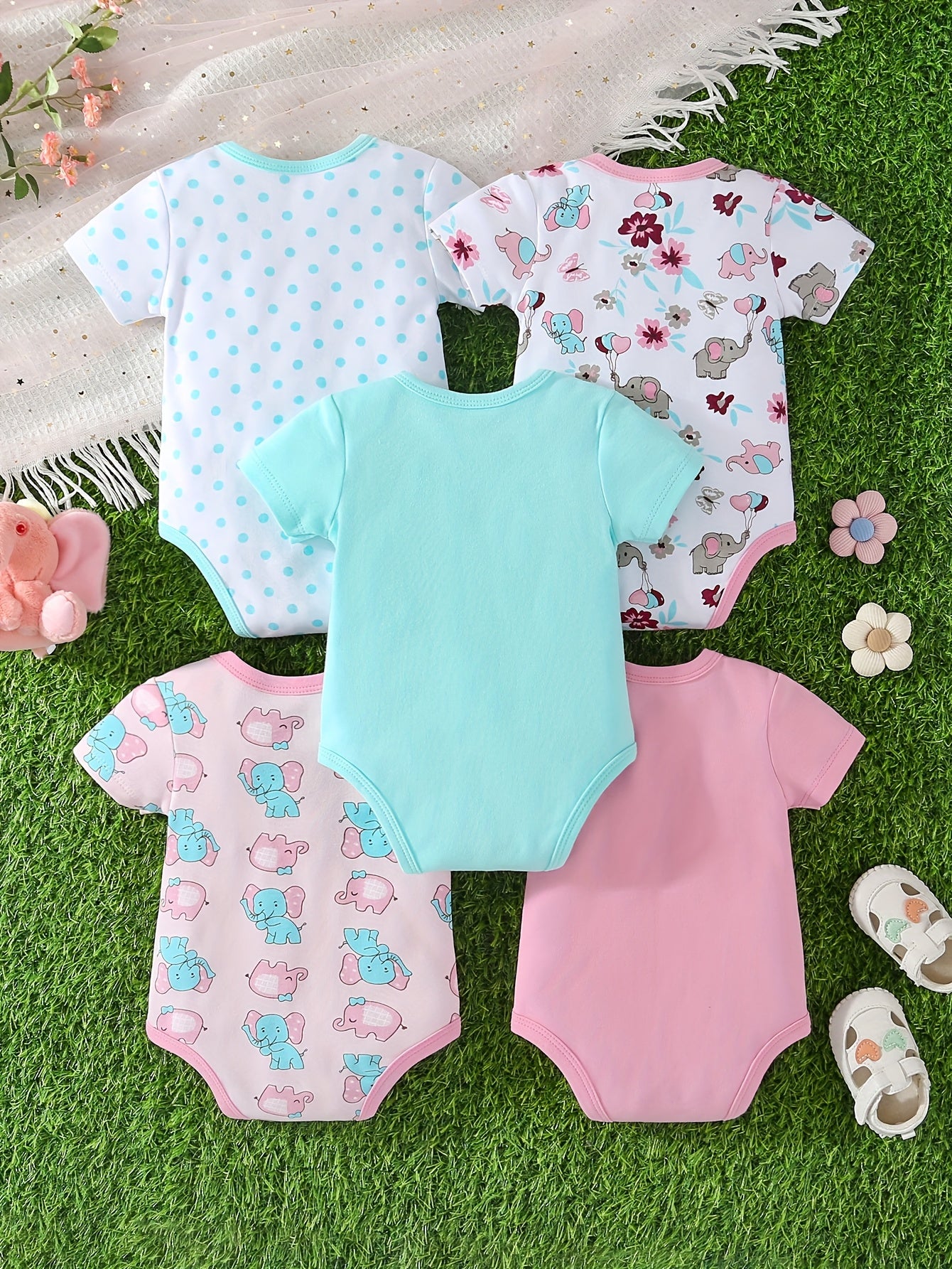 5pcs Set Of Baby Girl Short Sleeved Triangle Jumpsuit, Pink Elephant Cute Baby Girl Hoodie, Crawling Suit, for Outdoor