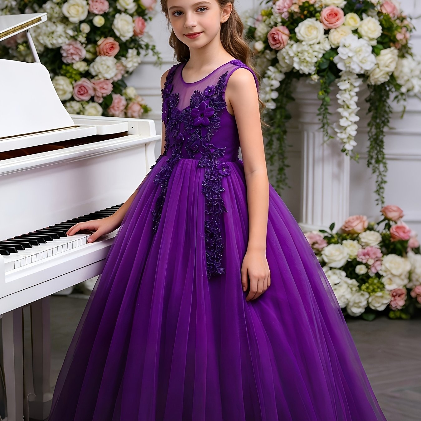 Girls Luxury Princess Dress With 3D Floral Lace Embroidery