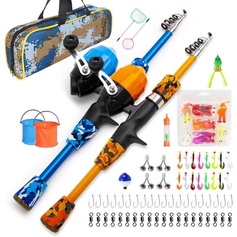 Fishing Rod and Reel Combo with Soft Bait Set, Collapsible Telescopic Pole, Pre- Line & Push Button Reel - Complete Fishing Kit for & Ages 6-10, Lightweight Portable Fishing Gear with Carry Case, Hooks, Swivels &