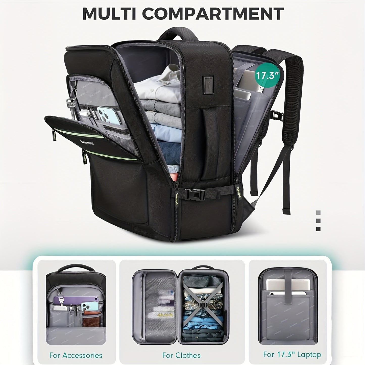 Airline Approved Carry-On Backpack with Removable Shoe Compartment & USB Port - TSA Laptop Bag for 17.3" Devices, Large Travel Suitcase Backpack for Men & Women, Fits 10-12 Shoe Size (Black) - Under /Hoverbin Compatible Lugga