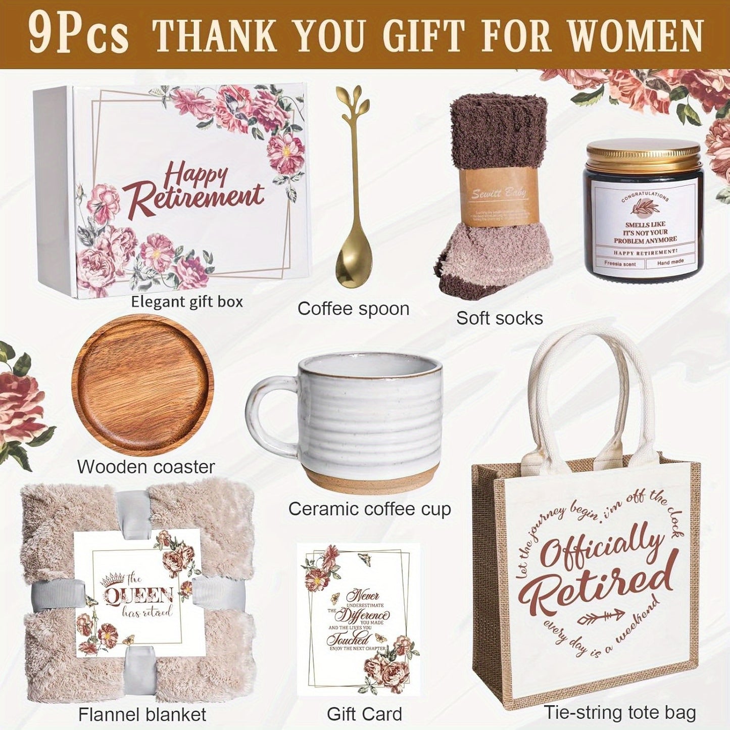 Retirement Gifts for Women, Funny Gift Box Set with Blanket, Mug with Lid and Spoon, Candle, Socks, Tote Bag, Card, Happy Retirement Gift for Coworker, Boss, Friend, Mom, Teacher