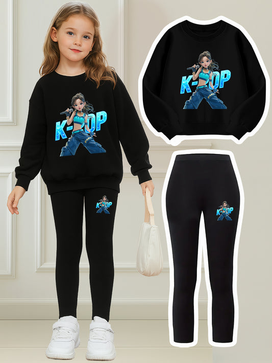 K-Pop Element Girls Two-piece Set | Girl Idol Group Anime Print Sweatshirt + Tight Pants | Trendy Brand Daily Wear | Perfect Birthday Gift for Girls, for Outdoor