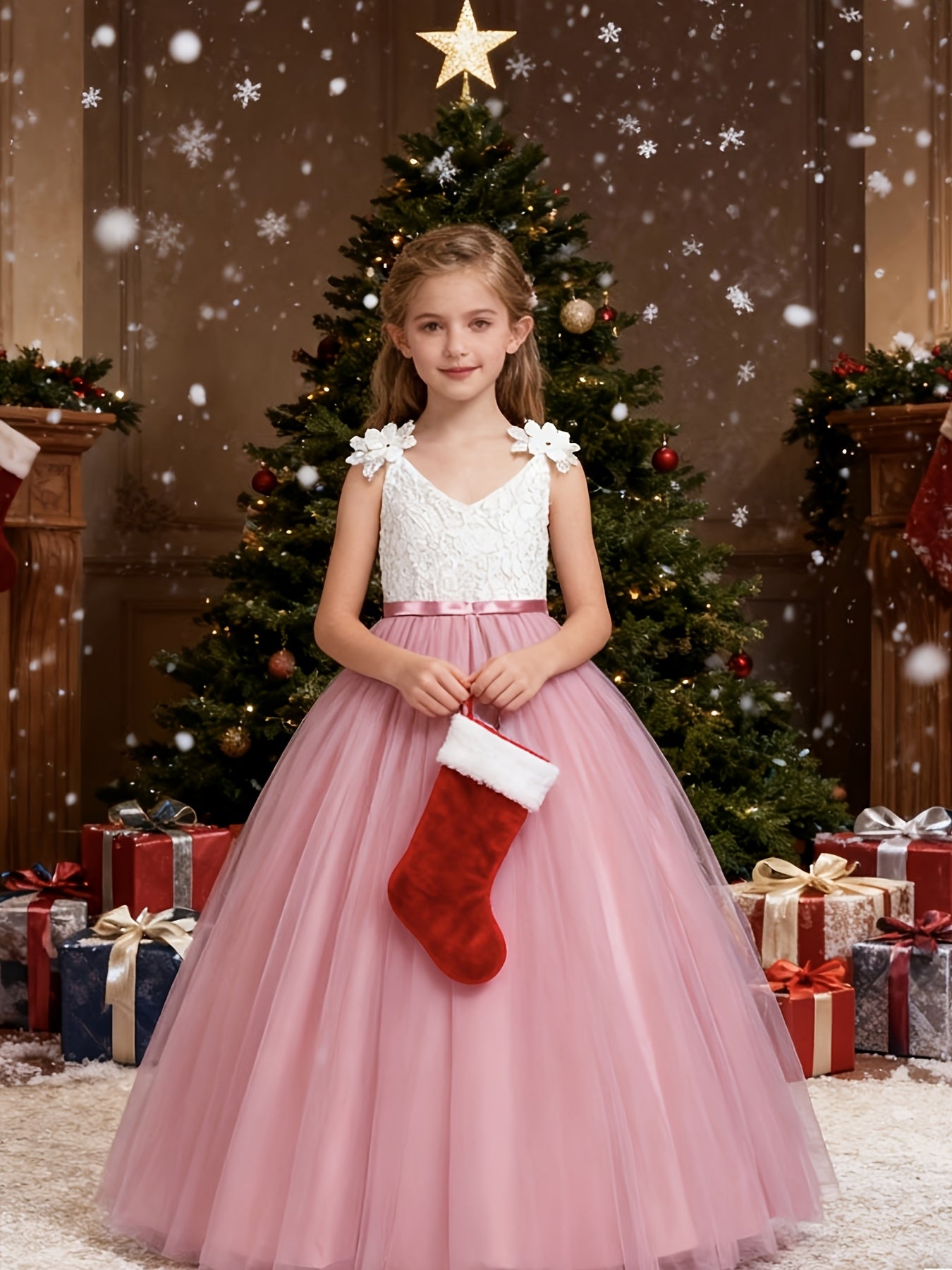 Girls Princess Style Jacquard Ball Gown With 3D Floral Embellishments