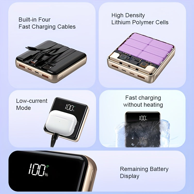 KAXOE 30000mAh 20000mAh High-Capacity Super Fast Charging Power Bank Portable Charger Fast Charging with LED Display Built-in 4 Cables Mobile Battery for iPhone for Samsung for Tablet