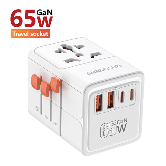 ANRMESUN 65W Travel Adapter with 4-Port USB Charger (2 USB-C) & Global Voltage 100-240V - Heavy Duty Power Adapter with US/EU/UK/AU Plugs, Compact Cube Design, Overload & Short Circuit Protection, Compatible with Europe, UK,