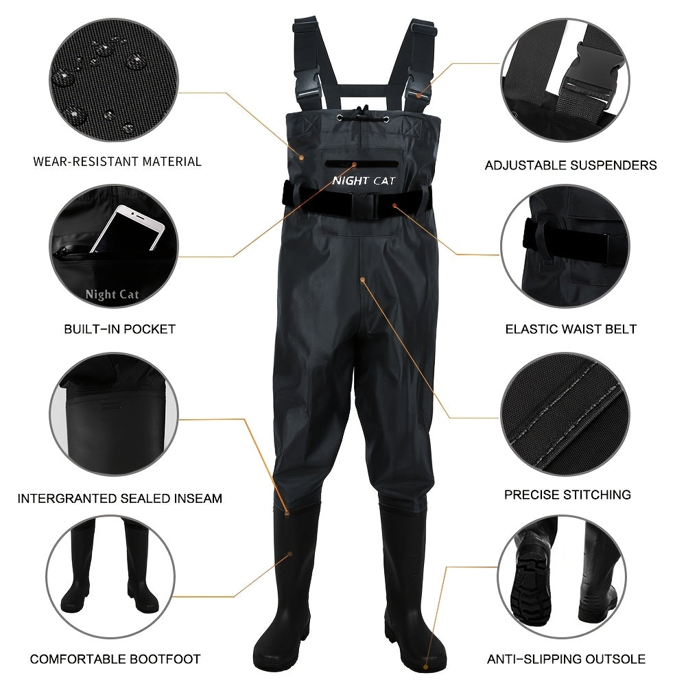Unisex Nylon Fishing Waders for Men And Women, Featuring PVC Boots, an Adjustable Waist Belt, And a Lightweight, Breathable Design. Available in Black, Sizes 6.5 to 13.