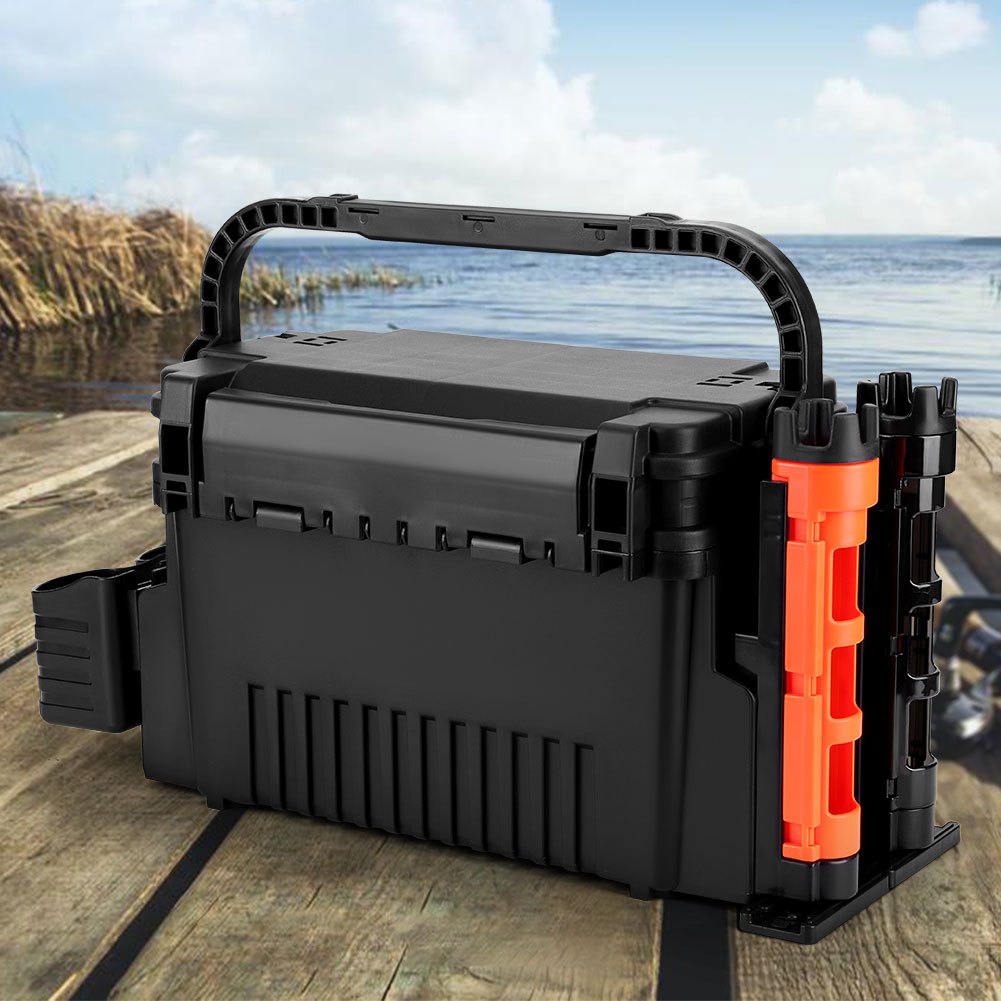 Two-Level Fishing Equipment Storage Box with Rod Support And Cup - 2.91 Gallon Spacious Fishing Gear Transport Case, Storage for Rods, Reels, And Accessories (Portable And Comprehensive)