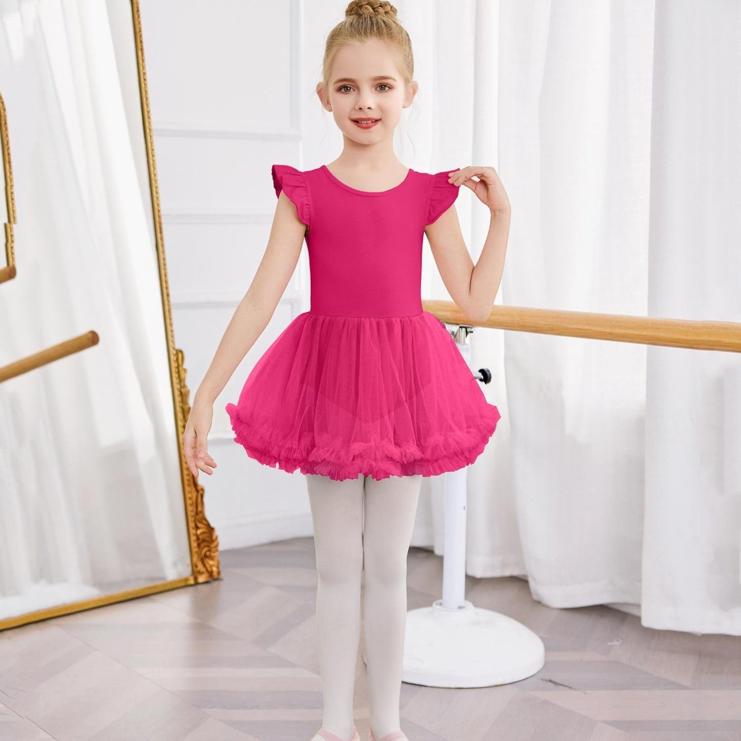 Girls' Ballet Tutu Dance Dress with Cross-Back Design & Ruffled Sleeves - White A-Line Leotard for Ballet, Gymnastics, Recitals - All-Season Comfort, Round Neck, Solid Color, Ballet Dress, Gymnastics Attire, Elegant Dancewear