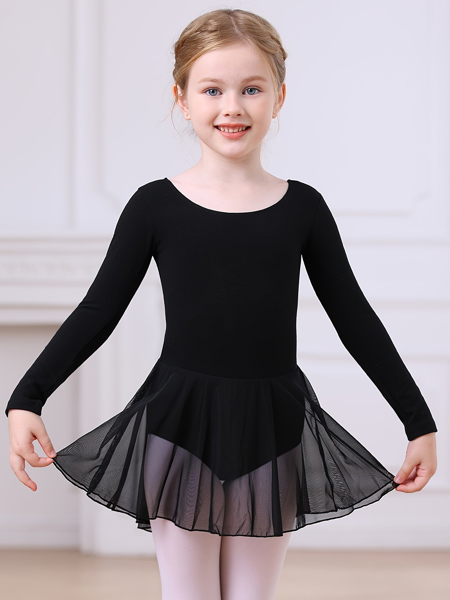 Christmas Gift Girls' Dance Dress - Long Sleeve Basic One-Piece Mesh Dress With High-Low Hem, Kids' Ballet Leotard Training Wear For Dance, Sports, Outdoor