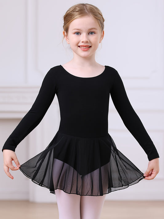 Christmas Gift Girls' Dance Dress - Long Sleeve Basic One-Piece Mesh Dress With High-Low Hem, Kids' Ballet Leotard Training Wear For Dance, Sports, Outdoor