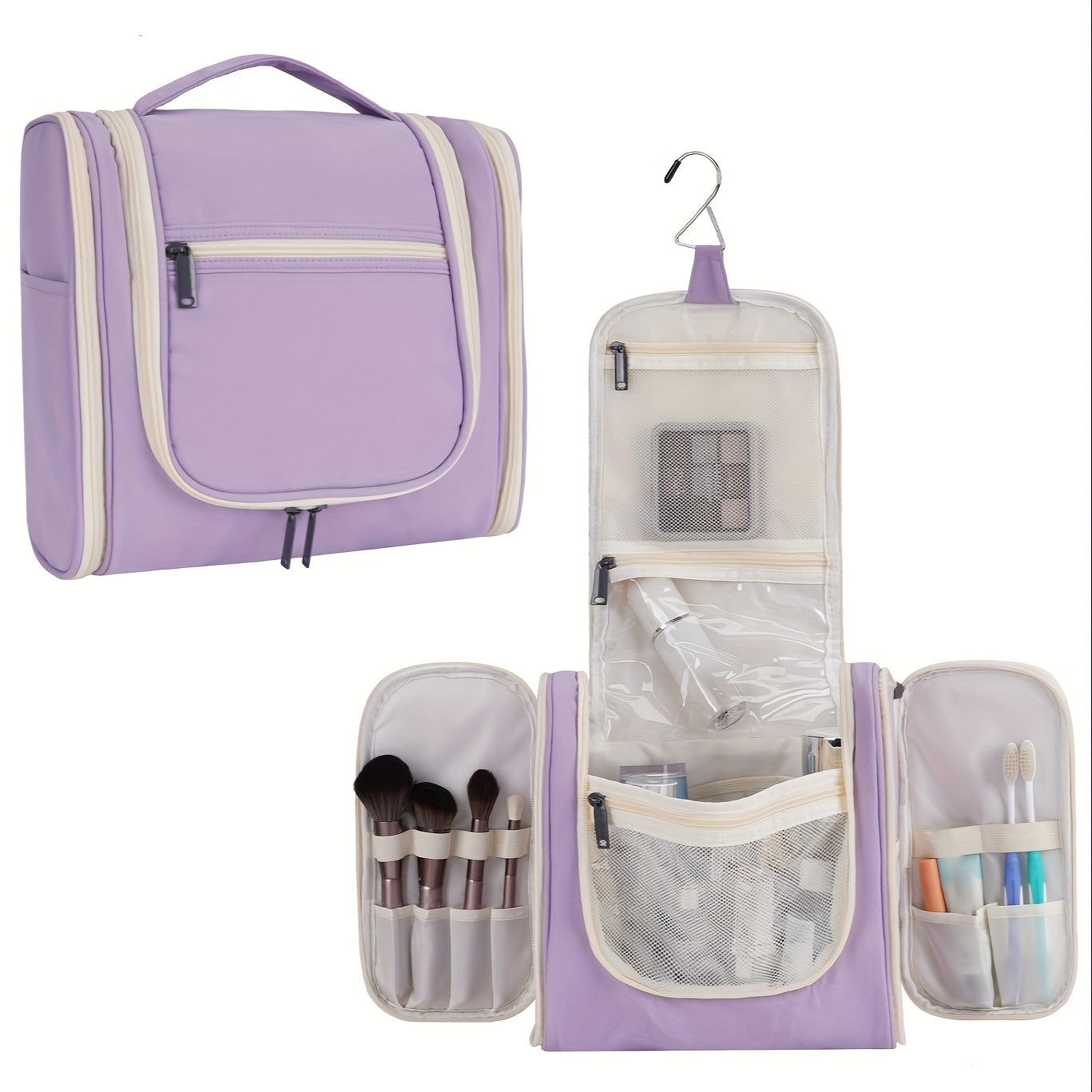 Women's Large Capacity Hanging Toiletry Bag - Travel Cosmetic Organizer with Hanging Hook & Top Handle, Zipper Closure, Lightweight Makeup Case with Multiple Compartments - Elegant Purple, Airport Approved for Carry-On Luggag