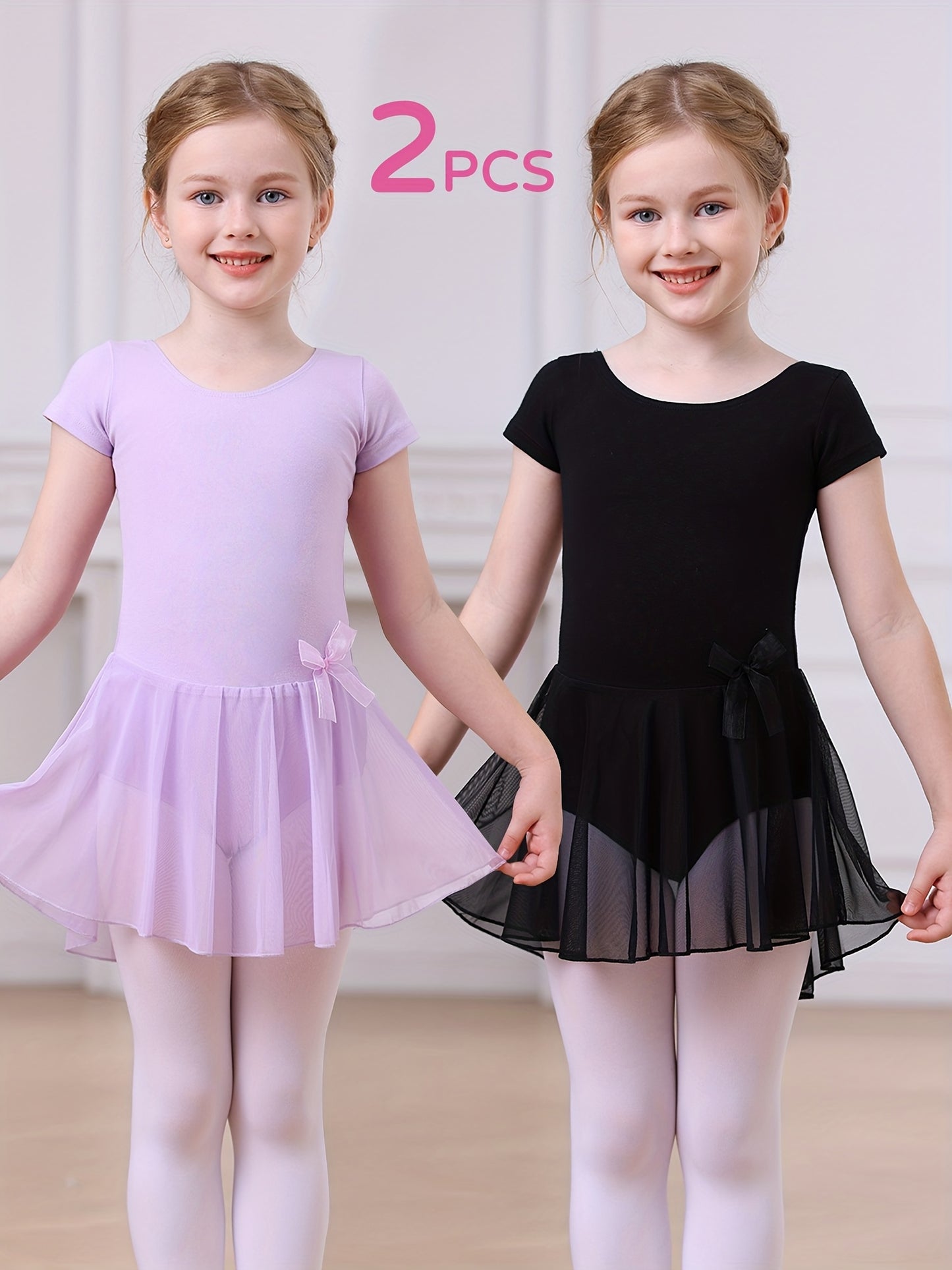 2pcs Girls Ballet Tutu Dress Set - Classic Style, Stretchy Leotard with Detachable Tulle Skirt, Ruffled Bow Trim - Perfect Christmas Gift, Perfect for Outdoor