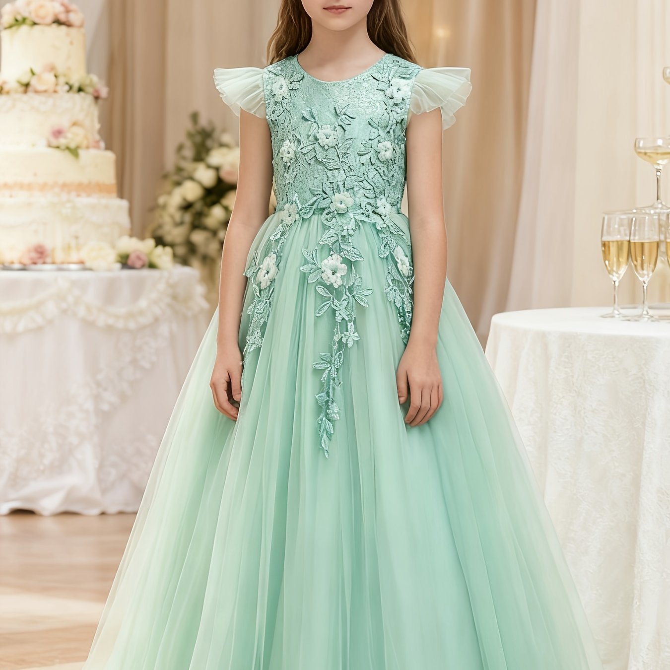 2025 New Arrival Girls Princess Style Tulle Gown With 3D Floral Bodice And Large Ballgown Skirt For Weddings And Parties
