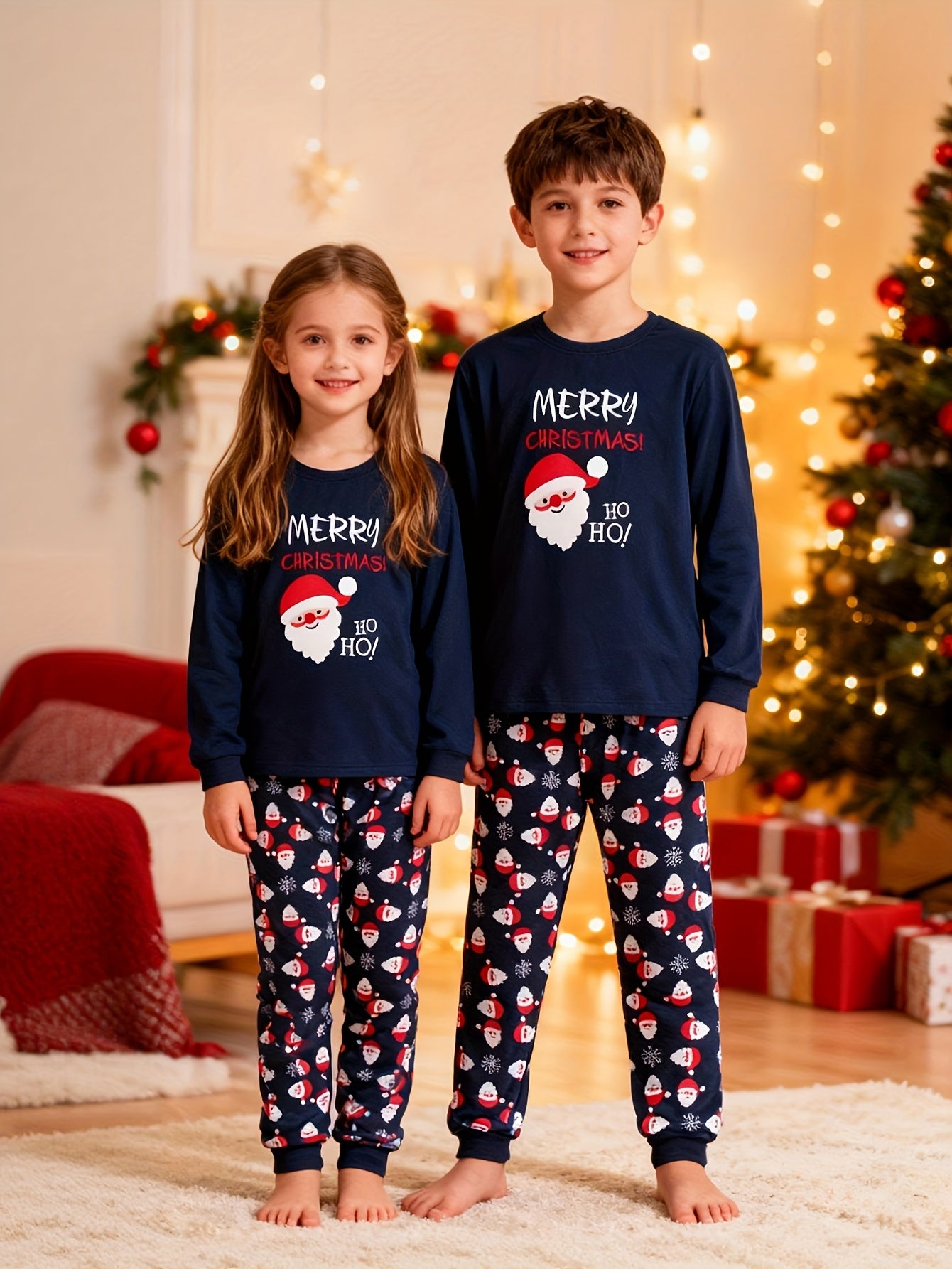2-Pack Family Matching Christmas Pajamas Set, Santa And Tree Print Long Sleeve Nightwear Set for Men, Kids Family Pjs, Holiday Party Pajamas