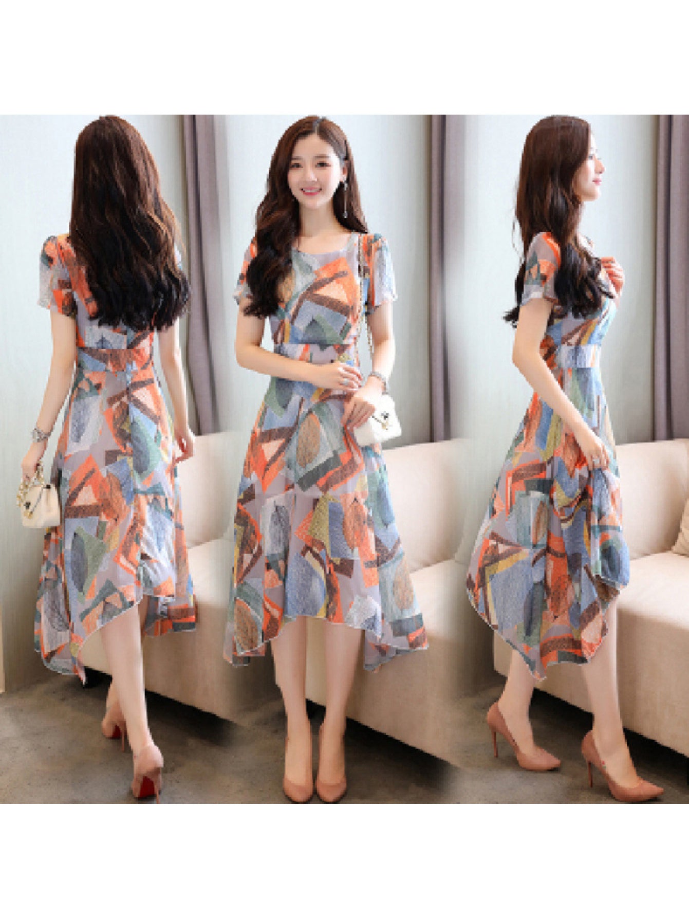Women'S Floral Print A-Line Dress with Cinched Waist - Lightweight Breathable Summer Maxi Dress, Round Neck Short Sleeve Boho Wedding Guest Dress in Pastel Pink Orange Green, Pockets & Machine Washable for Spring Summer Fall