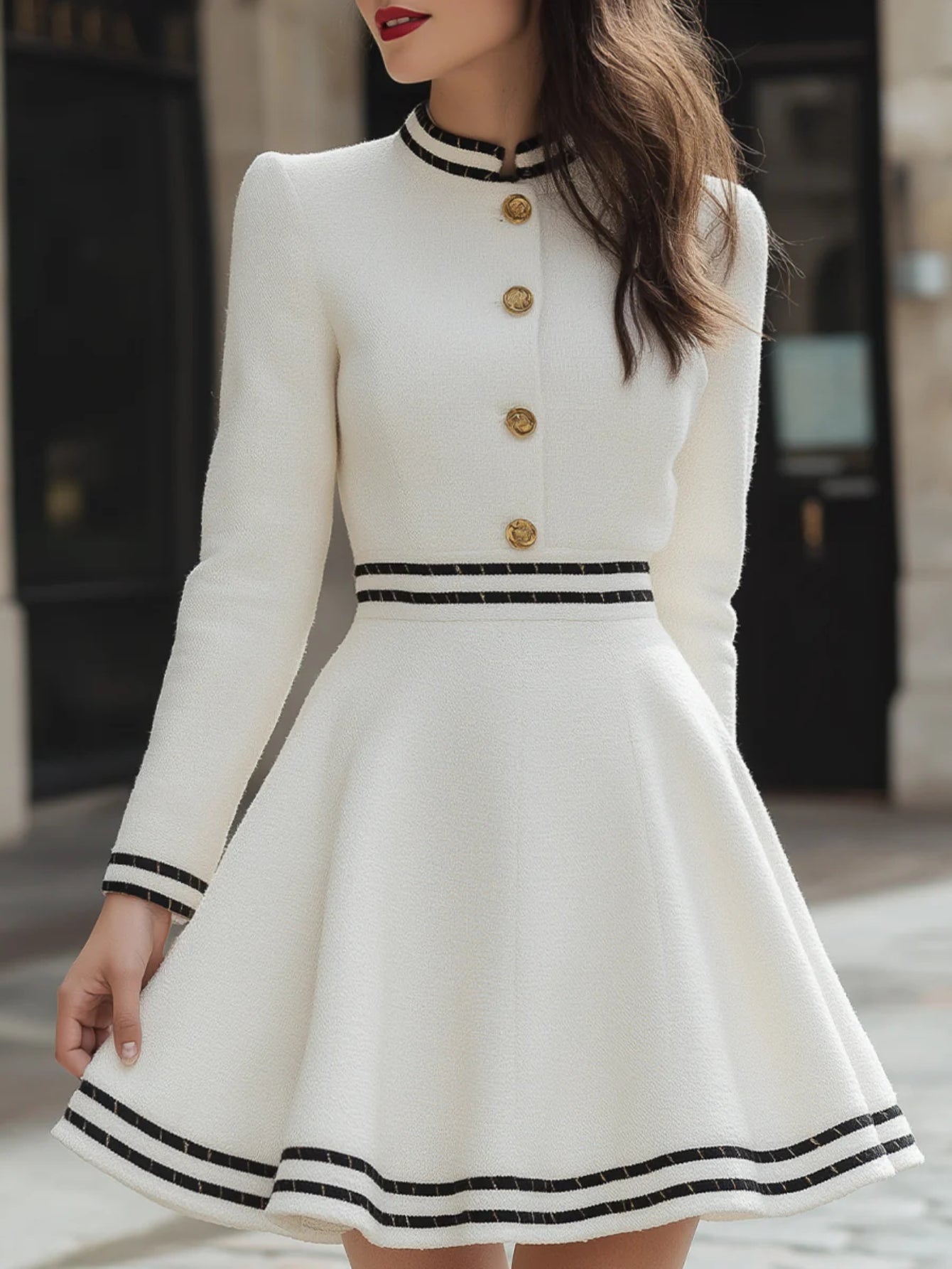 White Dress with Black Trim and Golden Buckle | Women's Retro French Courtly Sweet Style, Perfect for Afternoon Tea Dates, Holiday Parties, and Spring/fall Seasons