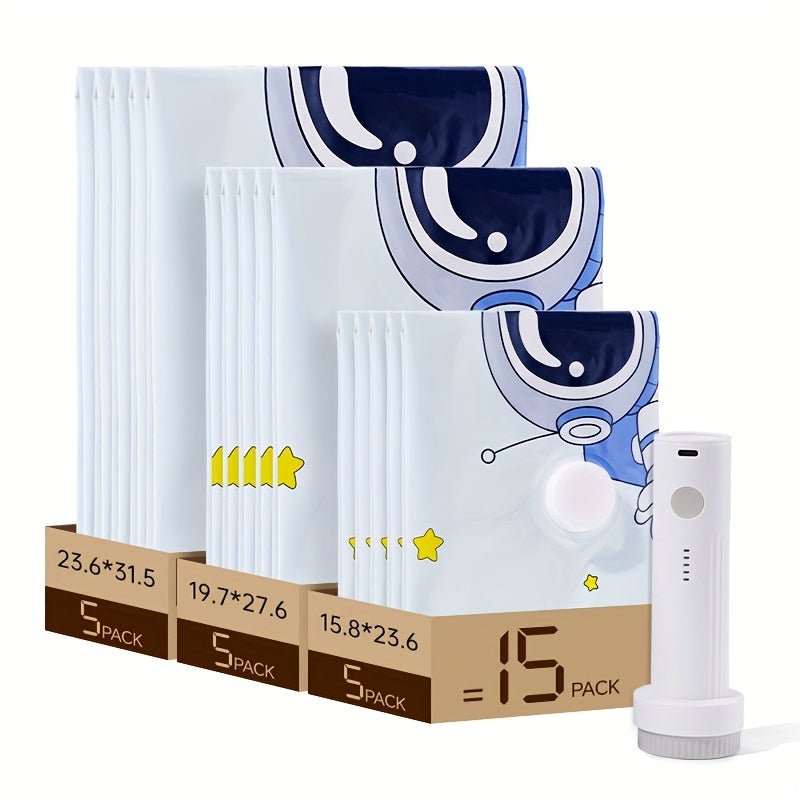 SXOSIS Upgradable Storage Bag Set - 9/15/16 Compressible Bags + 36.98 gal/min High-Power Rechargeable Wireless Air Pump, Space-Saving Travel Essential for Luggage, Clothing