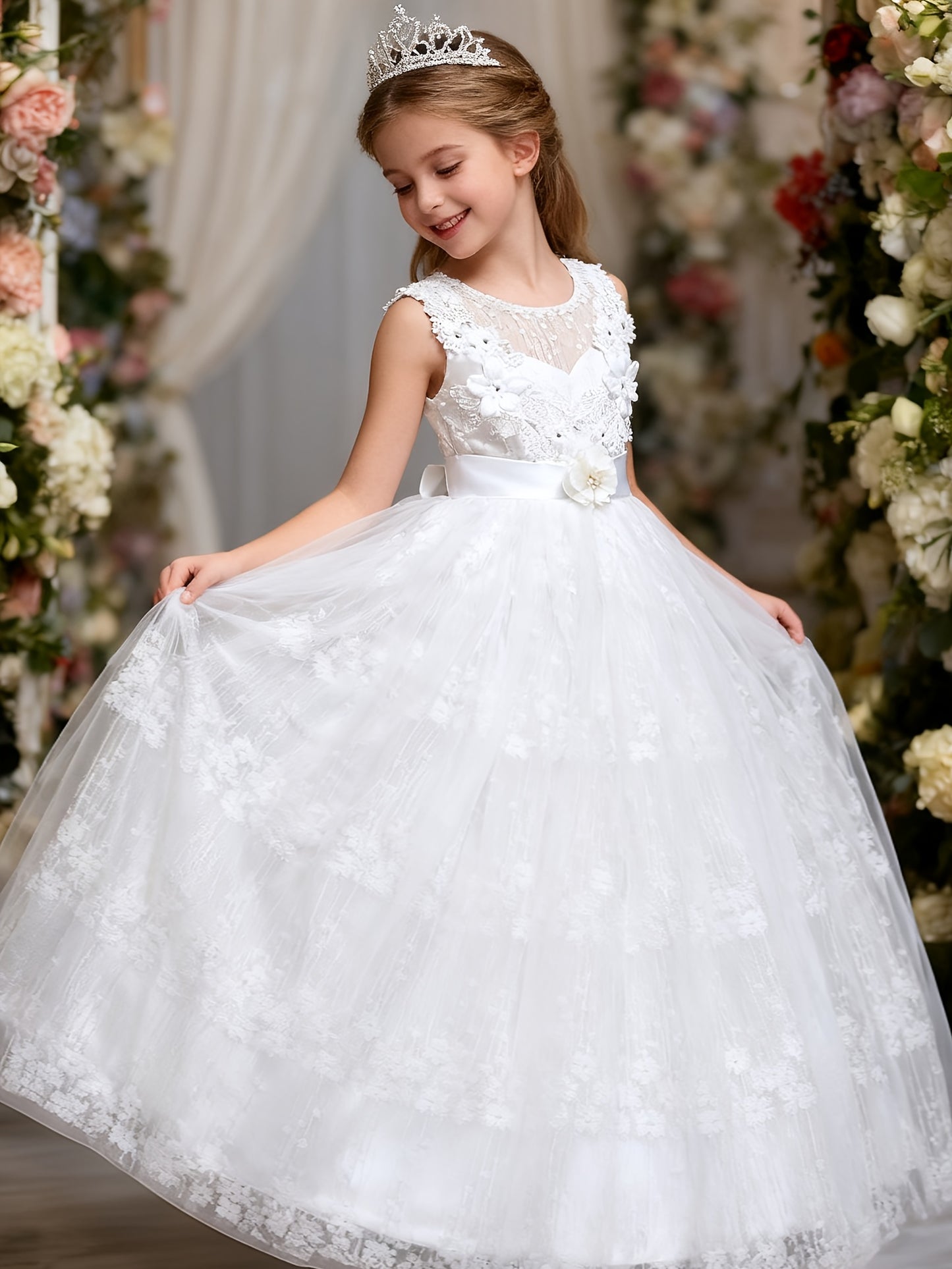 Girls Princess Gown Sleeveless 3D Lace Embroidery Maxi Dress