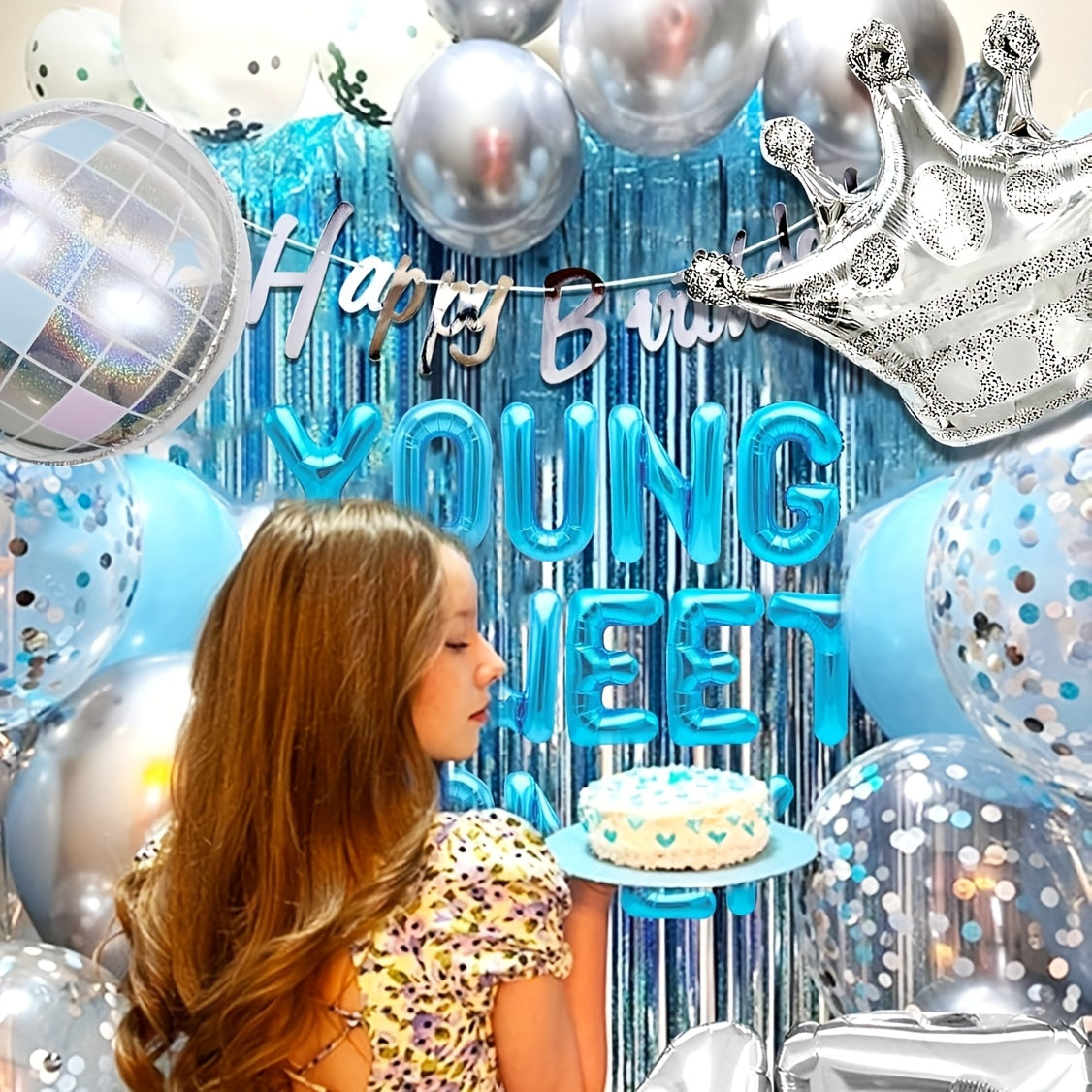 LaVenty 26pcs Silvery Blue Youthful and Sweet Birthday Decorations, Youthful and Sweet Banner with Dancing Queen, Disco Balloons in Rose Golden, Birthday Banner with Crown Queen Balloons