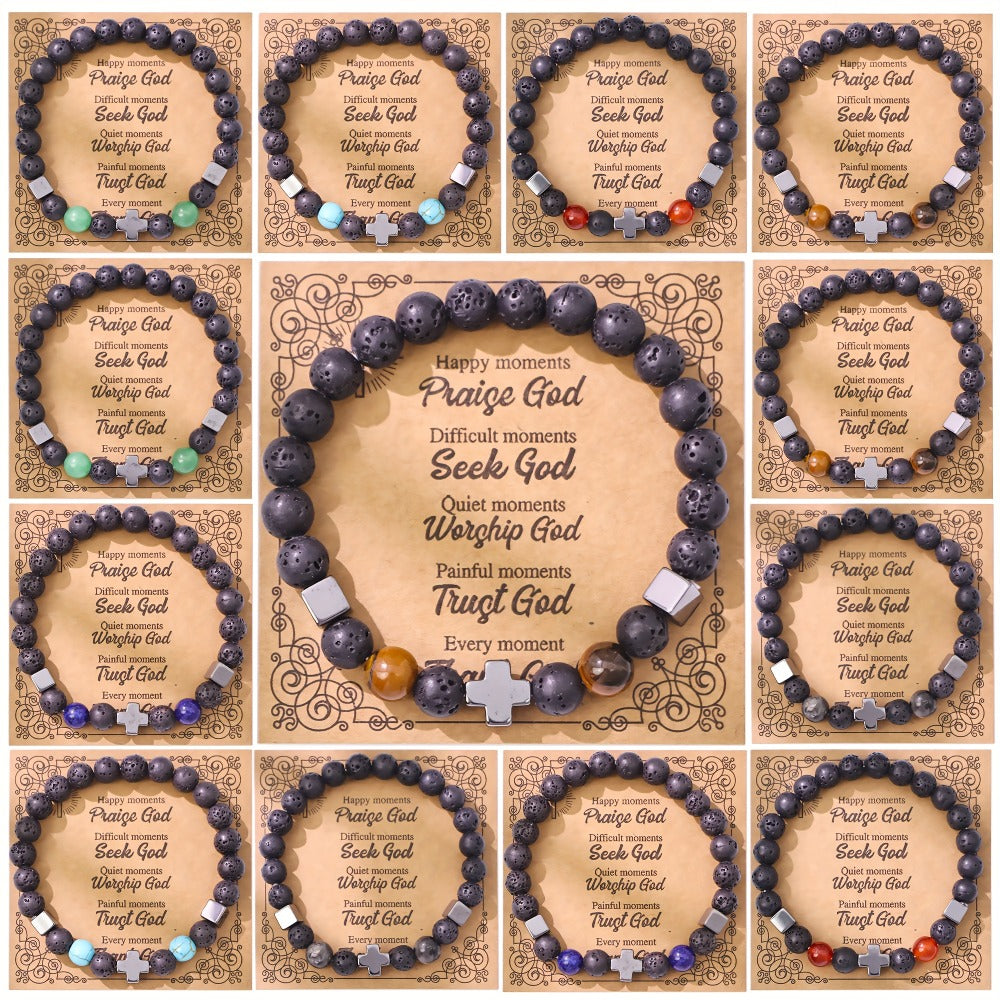 Natural Stone Beaded Christian Bracelet Set With Cross Charms