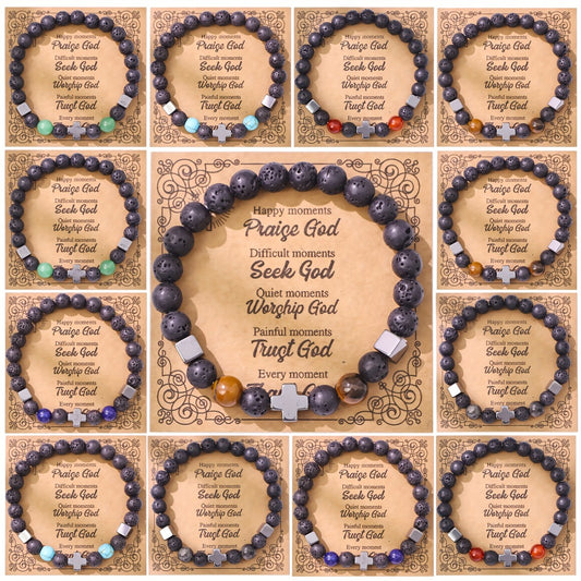 Natural Stone Beaded Christian Bracelet Set With Cross Charms