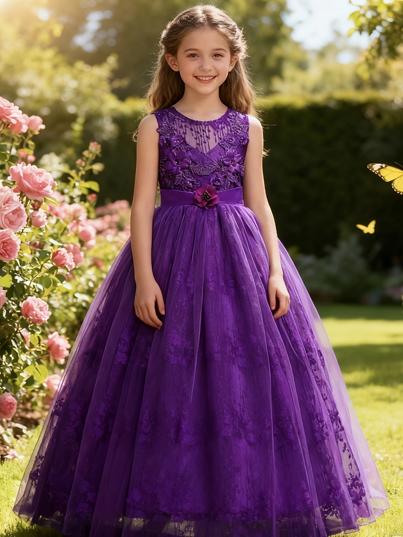 Girls Princess Gown Sleeveless 3D Lace Embroidery Maxi Dress