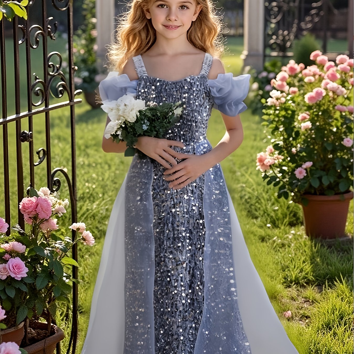 Girls Princess Gown With Off-Shoulder Puff Sleeves Tulle Train