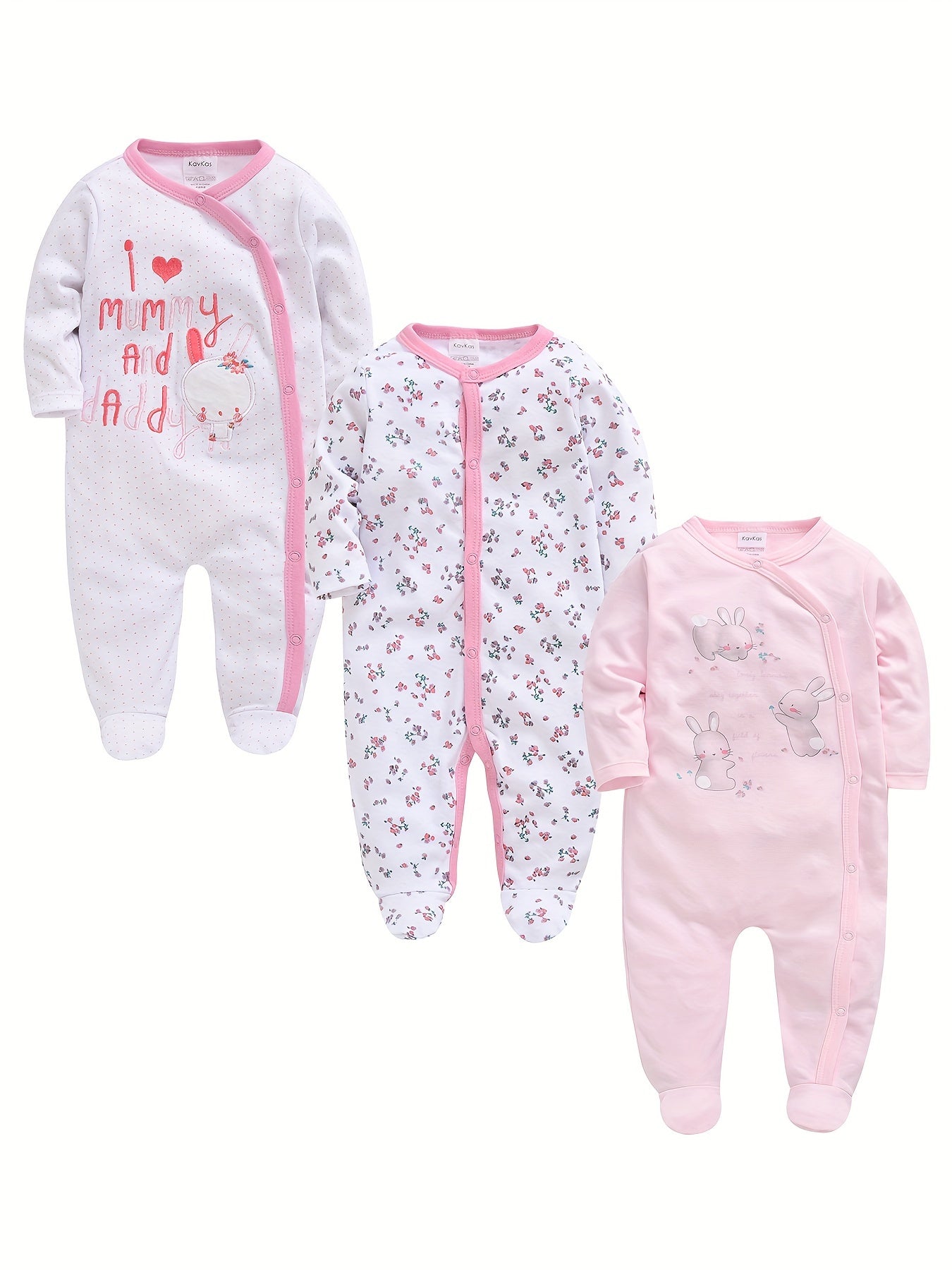 3pcs Baby Girl Cute Pink One-piece Jumpsuit Soft Long Sleeve Footed Romper Cartoon Bunny Rabbit Floral Print Newborn Girls' Overall Bodysuits Outfit Clothes for Infant Girl 0-12 Months, Perfect for Outdoor