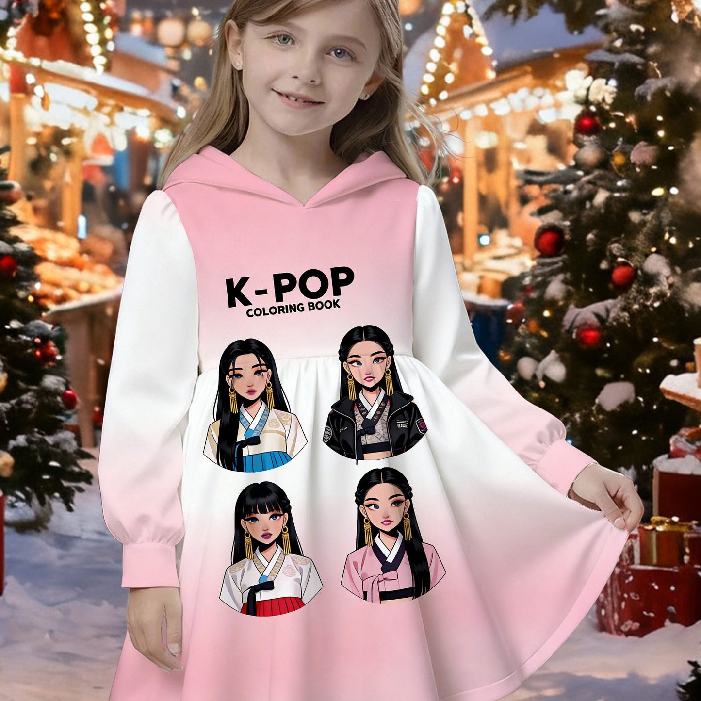 Girls' KPOP Group Merch Dress - Pink-White Gradient Korean Style Dress with Girl Group Print, Soft Comfortable Dress for, Valentine's Day Gift & K- Outfit for Birthdays/Themed Events (Machine Washable)