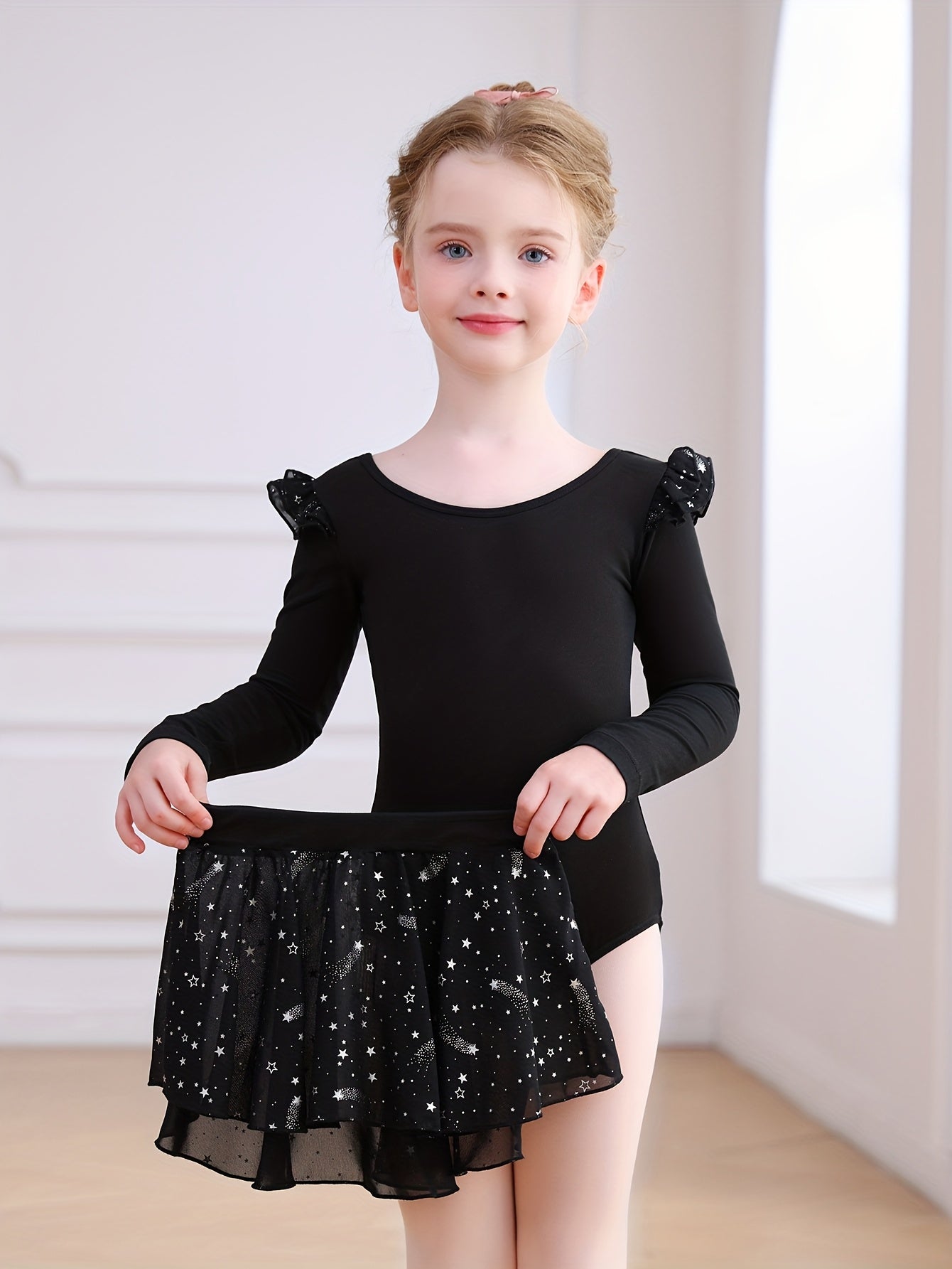 Christmas Gift Girls' Tight Bodysuit & Tulle Skirt Set - Detachable Long Sleeve Ruffle Crisscross Back Silvery Stars, Ballet Gymnastics Dance Outdoor Fall Clothing