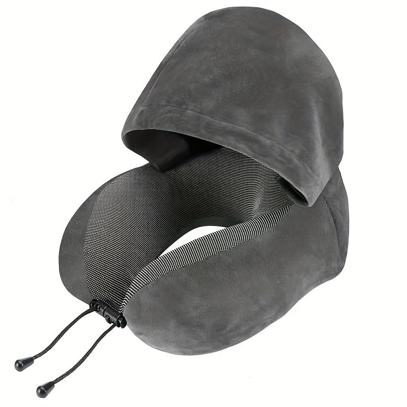 U-Shaped Hooded Travel Pillow with Adjustable Strap & Hood - Portable Neck Support for Airplane, Car, Camping, Home - Easy-Clean Headrest