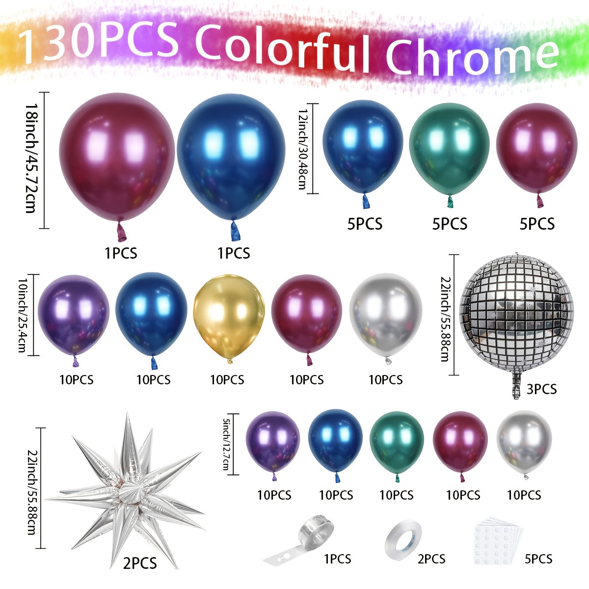 130 Pcs Metallic Foil Balloons 4D Disco Stars Purple Blue Green Red Silver For Birthday Party Wedding Decoration