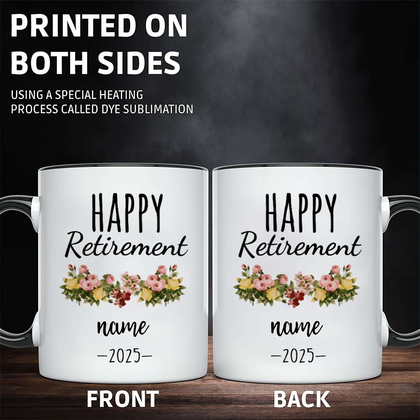 Personalized Retirement Mug - Custom Name & Year, Elegant Floral Design, Dishwasher-Safe Ceramic Cup - Perfect for Retirees, Christmas, Halloween, Thanksgiving Gifts - Ideal for Home, Office, or Coffee Bar - Exclusive Coffee