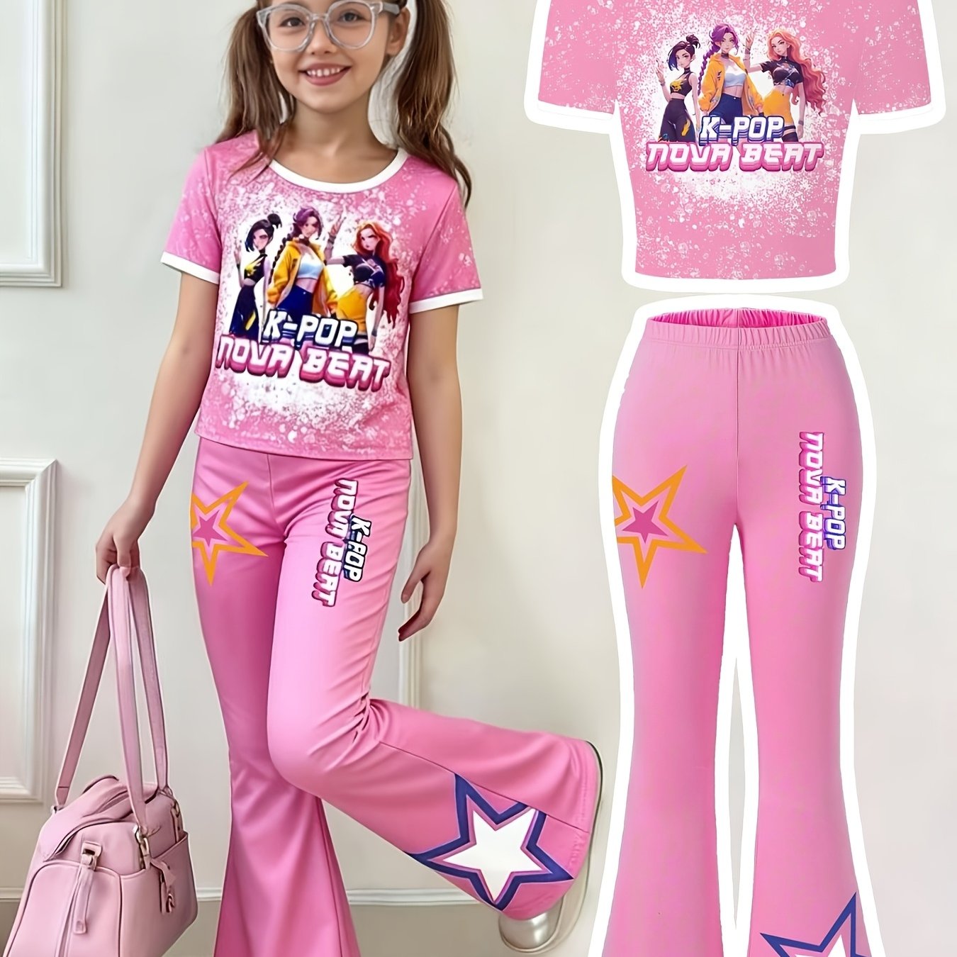 Girls Cartoon Print T Shirt And Slim Flared Pants Set